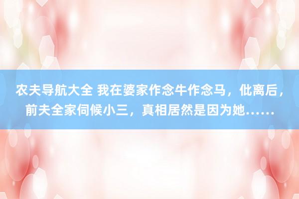 农夫导航大全 我在婆家作念牛作念马，仳离后，前夫全家伺候小三，真相居然是因为她……